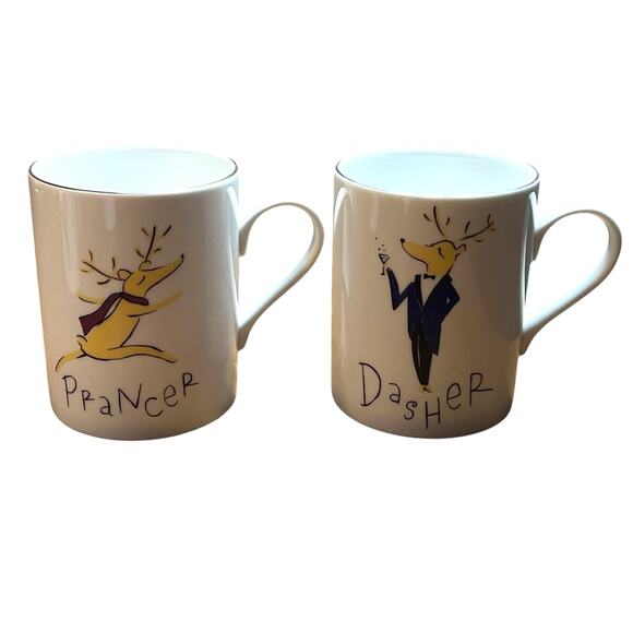 PRANCER and DASHER Pottery Barn REINDEER Christmas Coffee Mugs Cup Set Of 2 - Picture 1 of 5